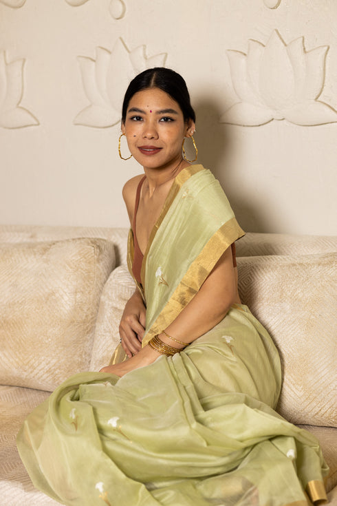 Handwoven Green Chanderi Saree With Tulip Motifs